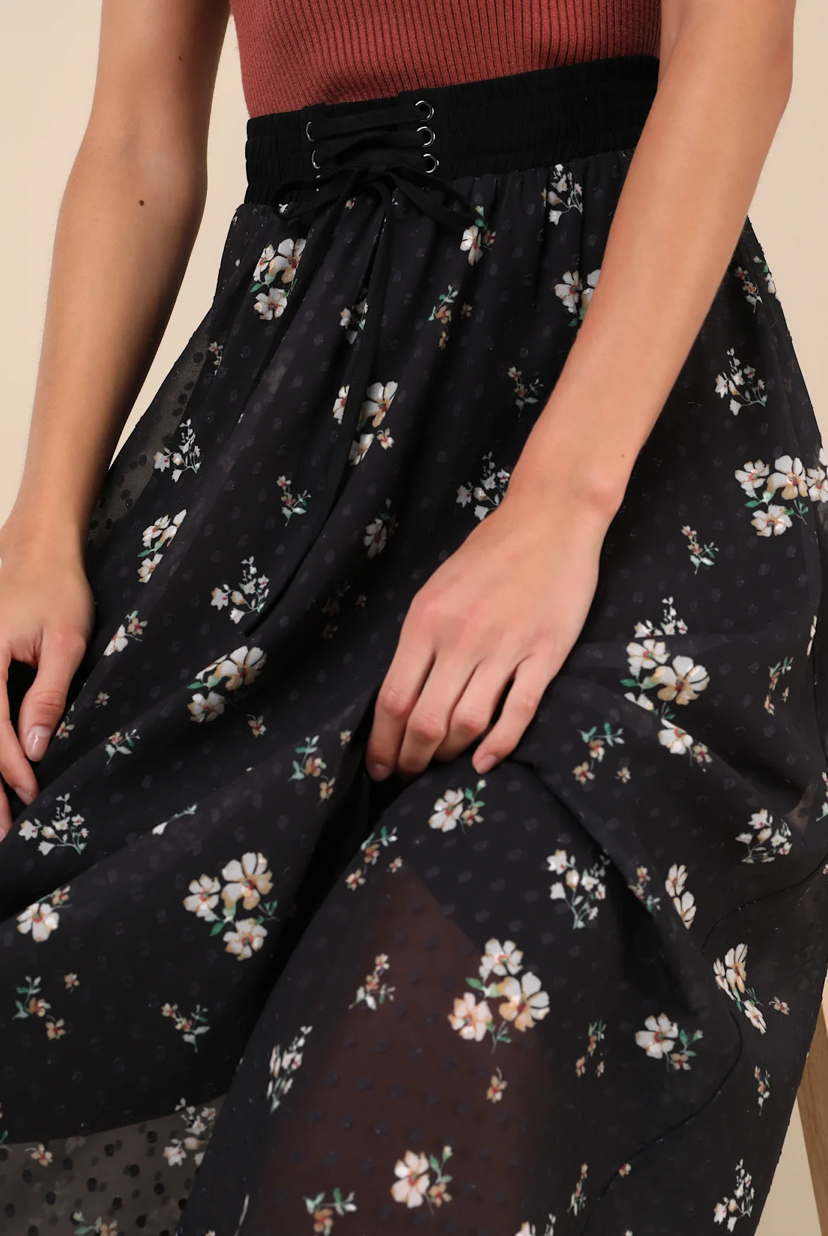 Floral Clip Dot Lace-Up Midi Skirt