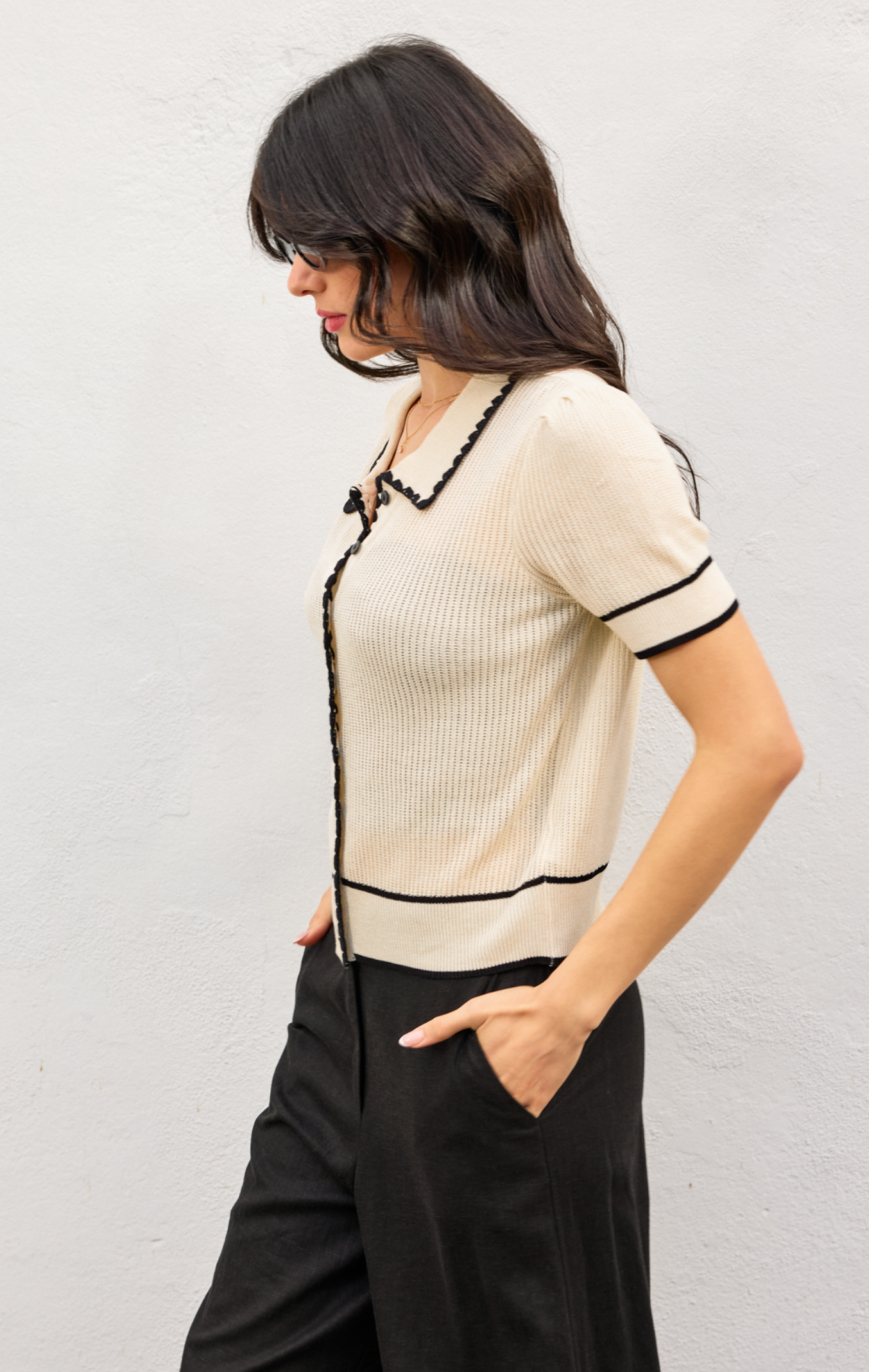 Bay Breeze Contrast Trim Open Knit Top