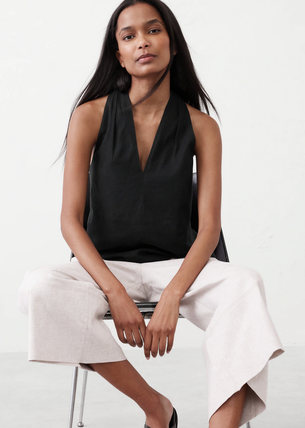 Linen Blend V Neck Top