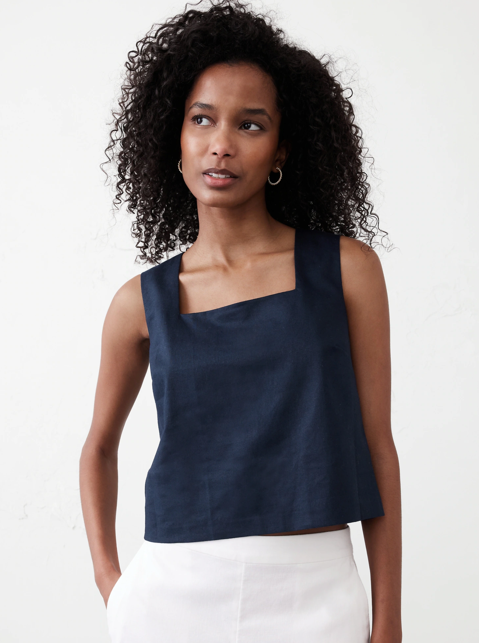 Linen Blend Square Neck Top