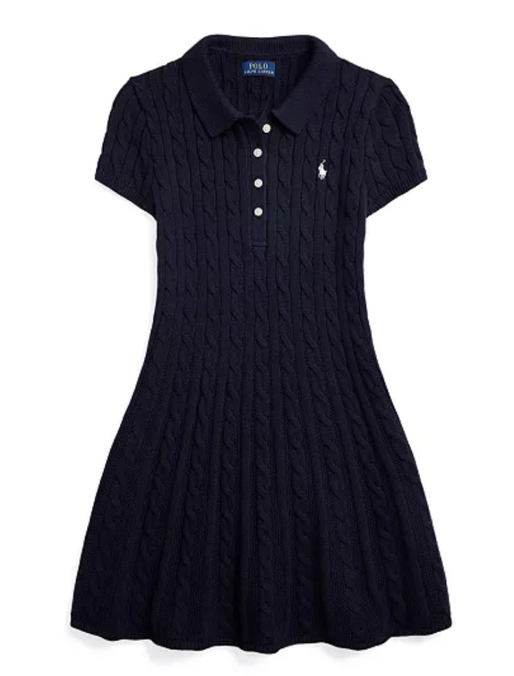 Girls Cable-Knit Cotton Polo Sweater Dress