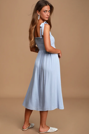 Smocked Tie-Strap Midi Dress