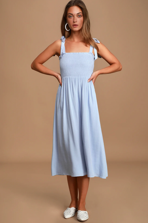 Smocked Tie-Strap Midi Dress