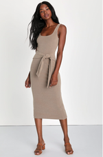 Ribbed Knit Tie Front Midi Dress