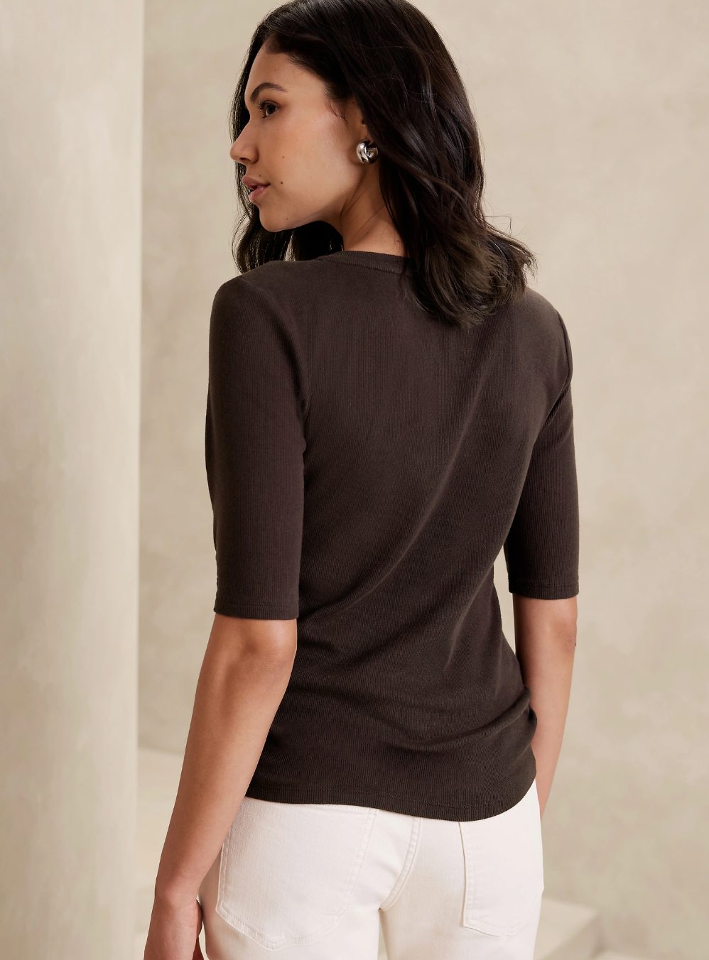 Ribbed Elbow-Sleeve Top