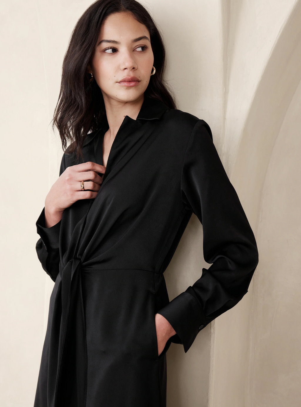 Satin Tie Front Midi Shirt Dress