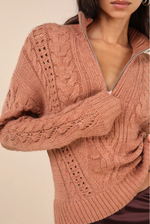 Brown Cable Knit Quarter-Zip Pullover Sweater