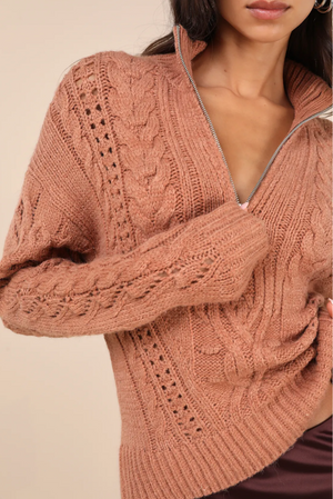 Brown Cable Knit Quarter-Zip Pullover Sweater