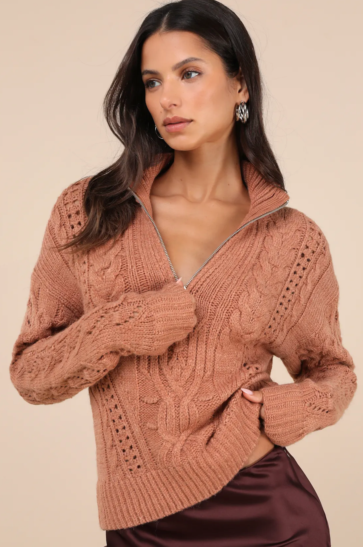 Brown Cable Knit Quarter-Zip Pullover Sweater