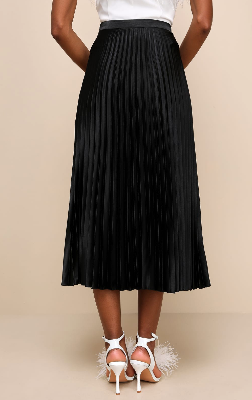 Black Satin Pleated Midi Skirt