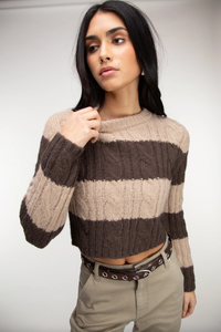 Striped Cable Knit Cropped Sweater