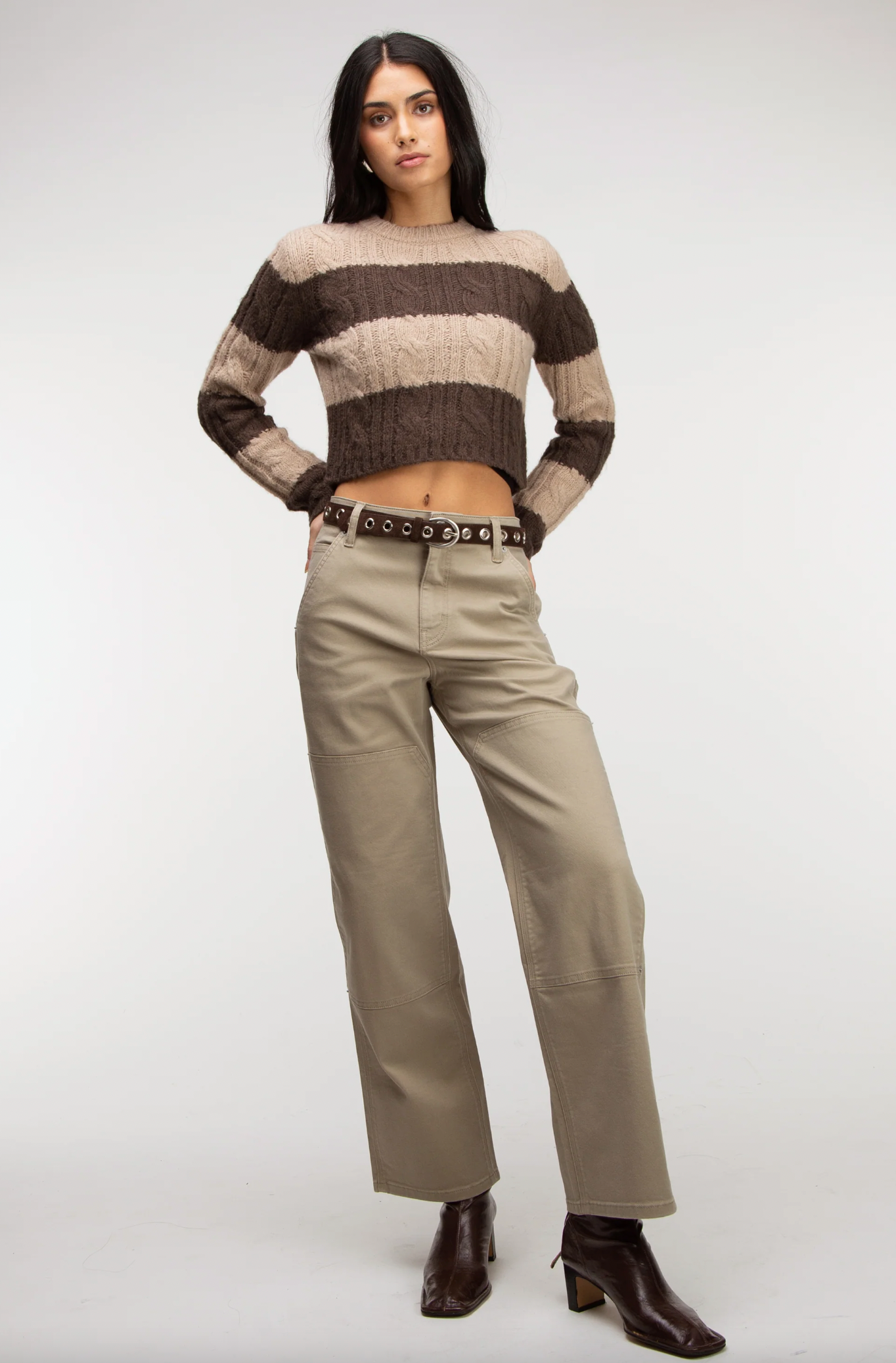 Striped Cable Knit Cropped Sweater