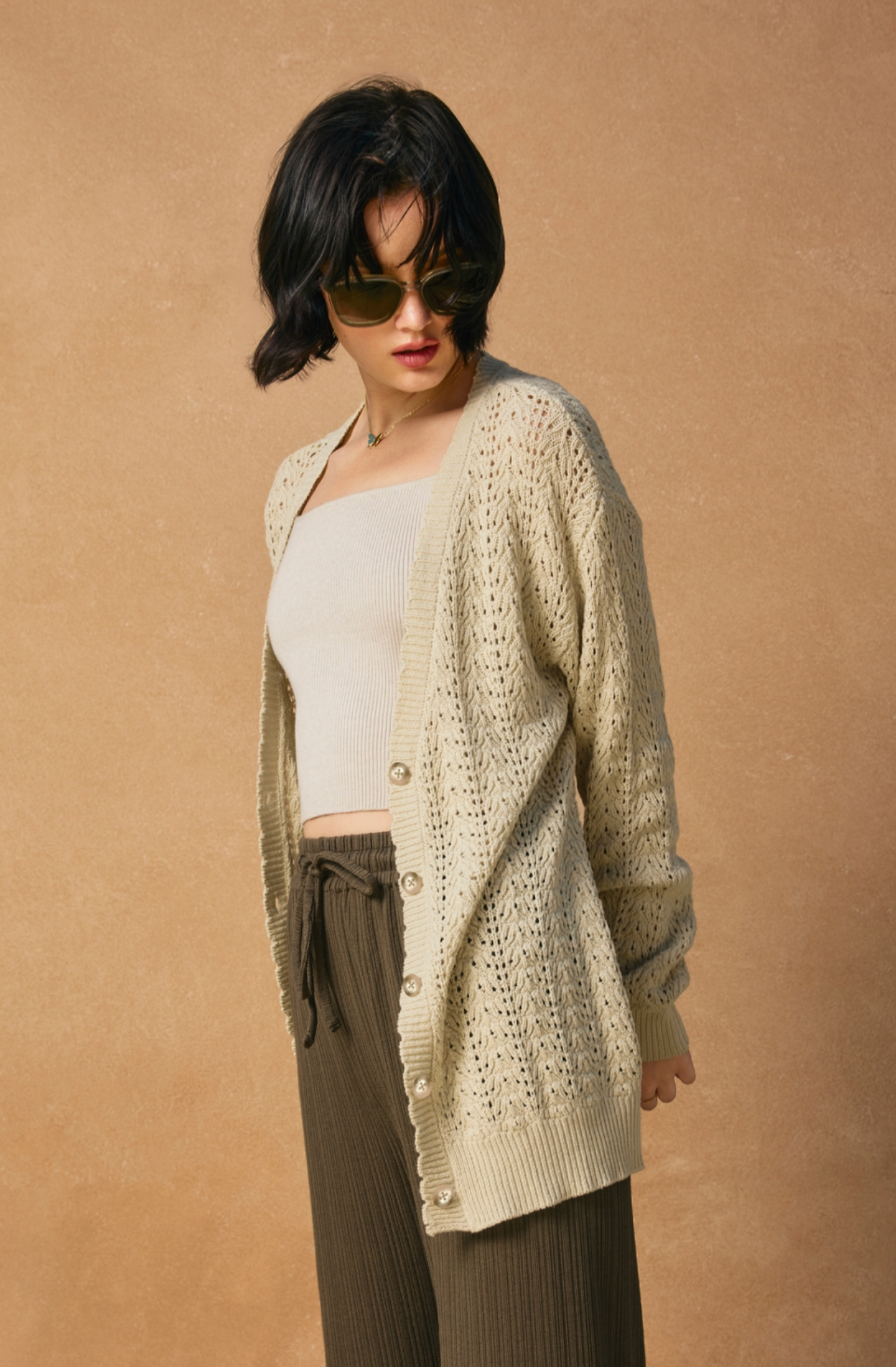 Scalloped V Neck Open Knit Cardigan