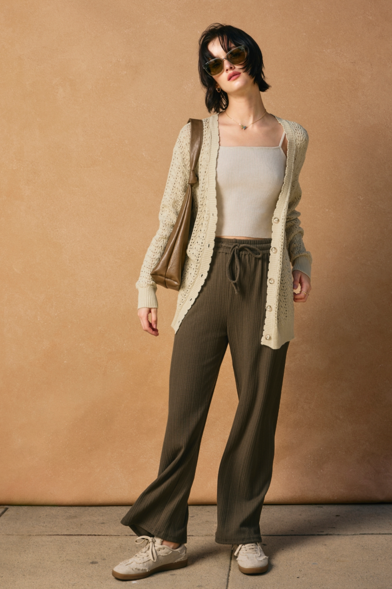 Scalloped V Neck Open Knit Cardigan