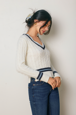 Stripe Contrast Cable Knit V Neck Sweater