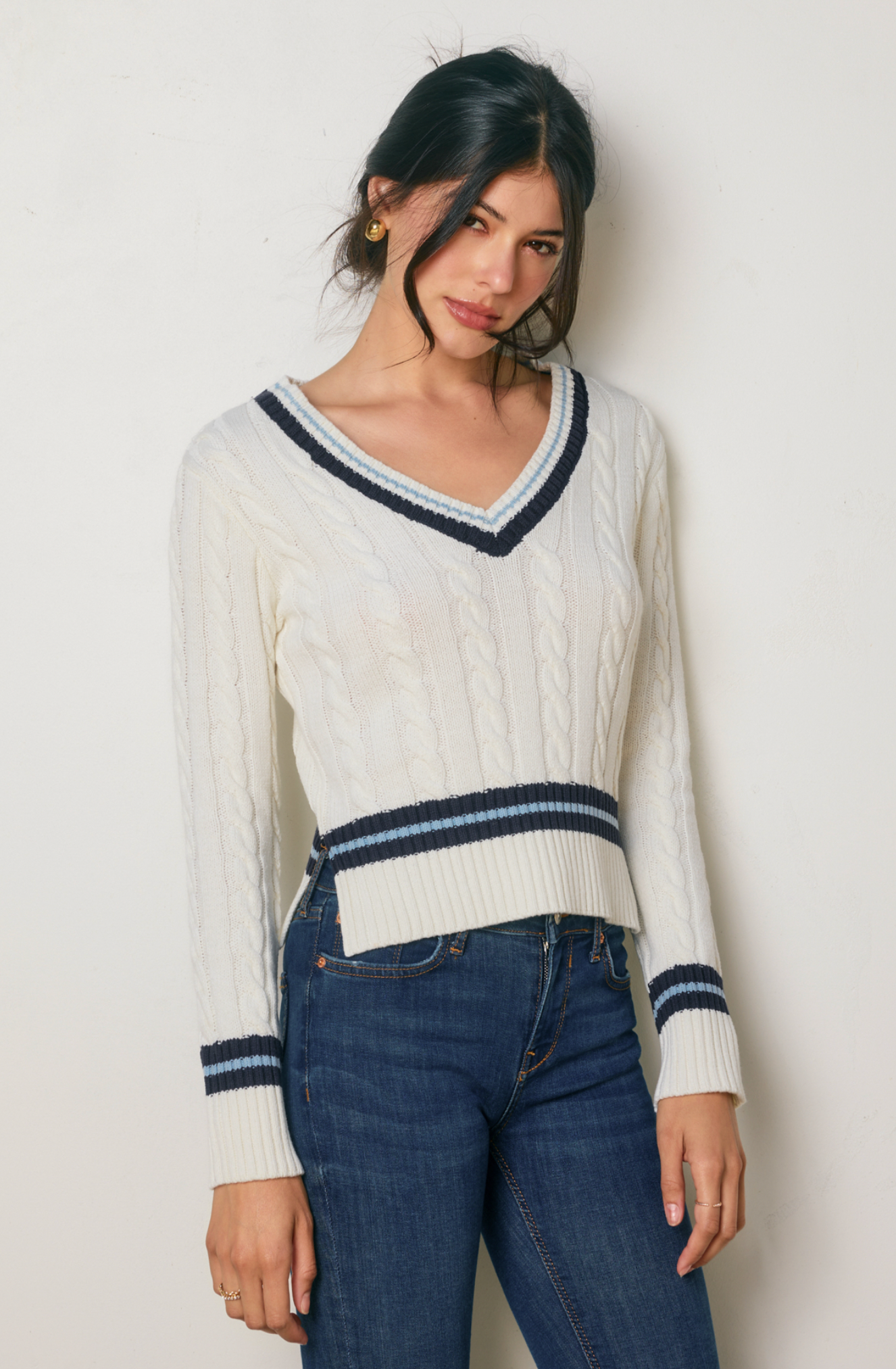 Stripe Contrast Cable Knit V Neck Sweater