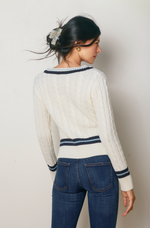 Stripe Contrast Cable Knit V Neck Sweater