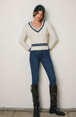 Stripe Contrast Cable Knit V Neck Sweater