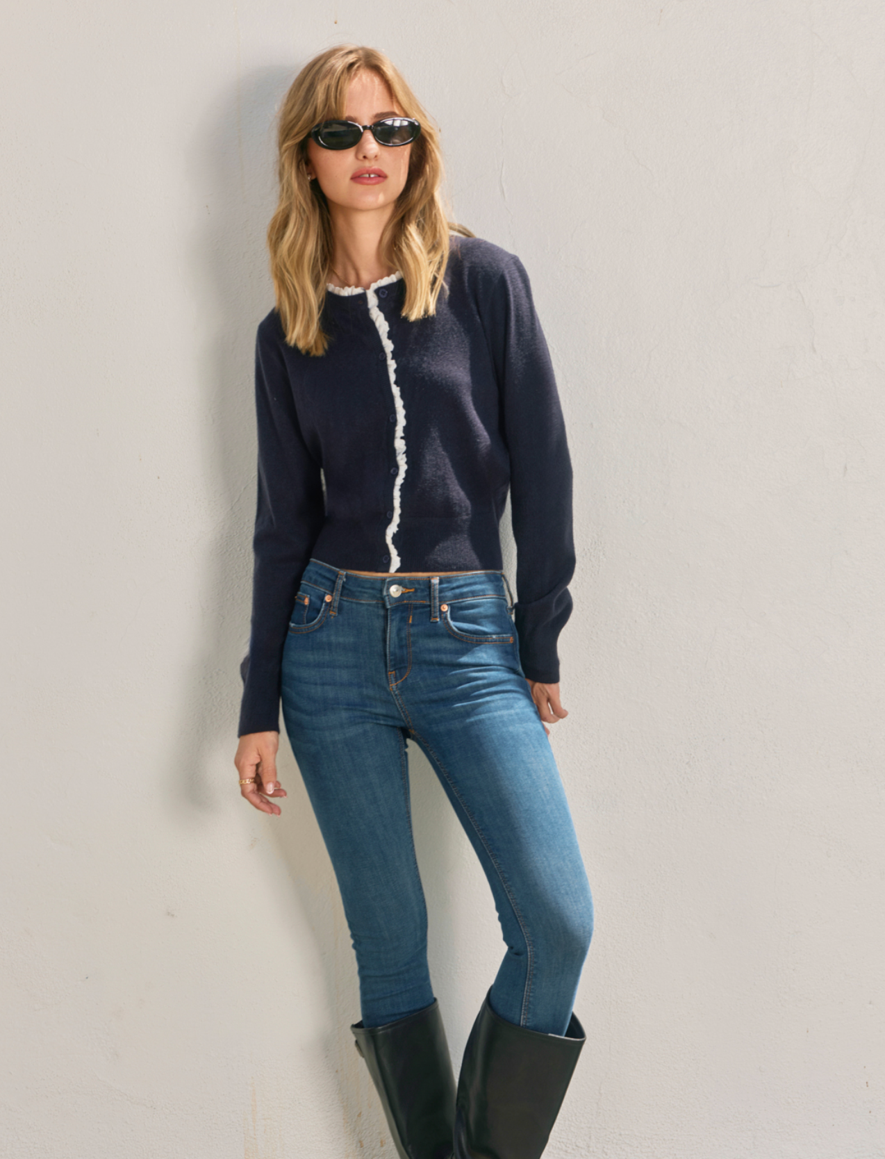 Ruffled Eyelet Trim Button Down Cardigan