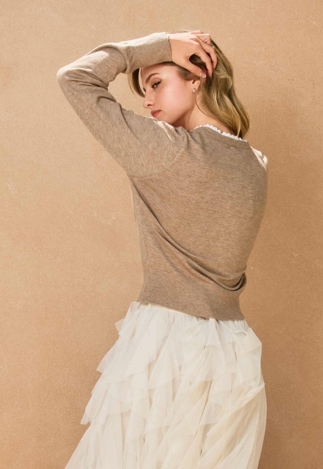 Ruffled Eyelet Trim Button Down Cardigan