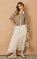 Ruffled Eyelet Trim Button Down Cardigan