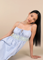 Blue Striped and Floral Sleeveless Poplin Midi Dress