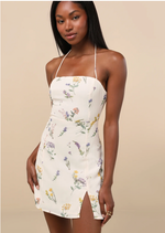 Catch the Bouquet Cream Floral Halter Lace-Up Mini Dress