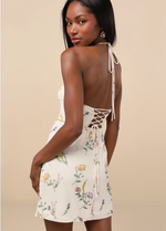 Catch the Bouquet Cream Floral Halter Lace-Up Mini Dress