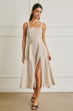 Polka Dot Linen Buckle Belt Midi Dress