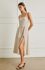Polka Dot Linen Buckle Belt Midi Dress