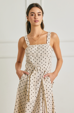 Polka Dot Linen Buckle Belt Midi Dress