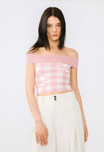 Off-Shoulder Checkered Knit Cami Top
