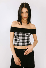 Off-Shoulder Checkered Knit Cami Top