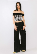 Off-Shoulder Checkered Knit Cami Top