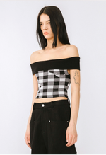 Off-Shoulder Checkered Knit Cami Top