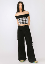 Off-Shoulder Checkered Knit Cami Top