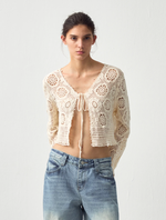 Cotton Crochet Lace Trim Cropped Cardigan