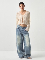 Cotton Crochet Lace Trim Cropped Cardigan