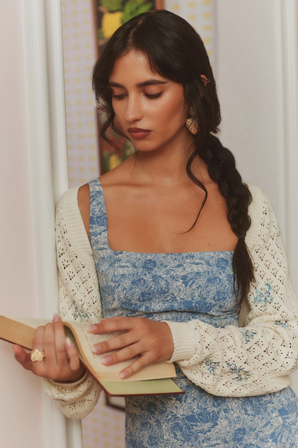 Floral Pointelle Open-Front Shrug Sweater