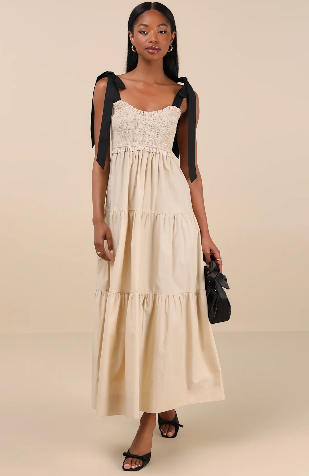 Bembe Beige Tie-Strap Tiered Maxi Dress