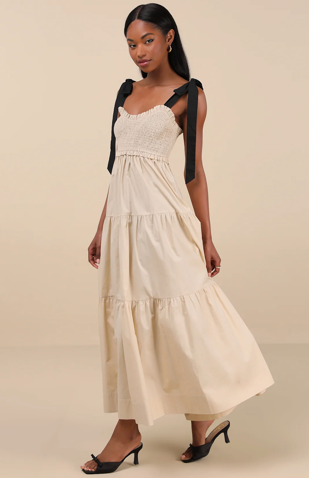Bembe Beige Tie-Strap Tiered Maxi Dress