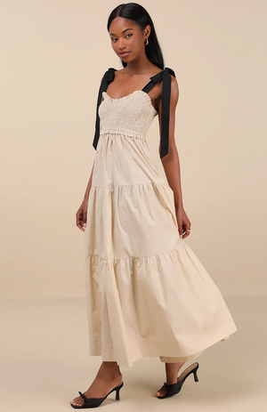 Bembe Beige Tie-Strap Tiered Maxi Dress