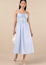 Blue Striped and Floral Sleeveless Poplin Midi Dress