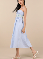 Blue Striped and Floral Sleeveless Poplin Midi Dress