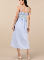 Blue Striped and Floral Sleeveless Poplin Midi Dress