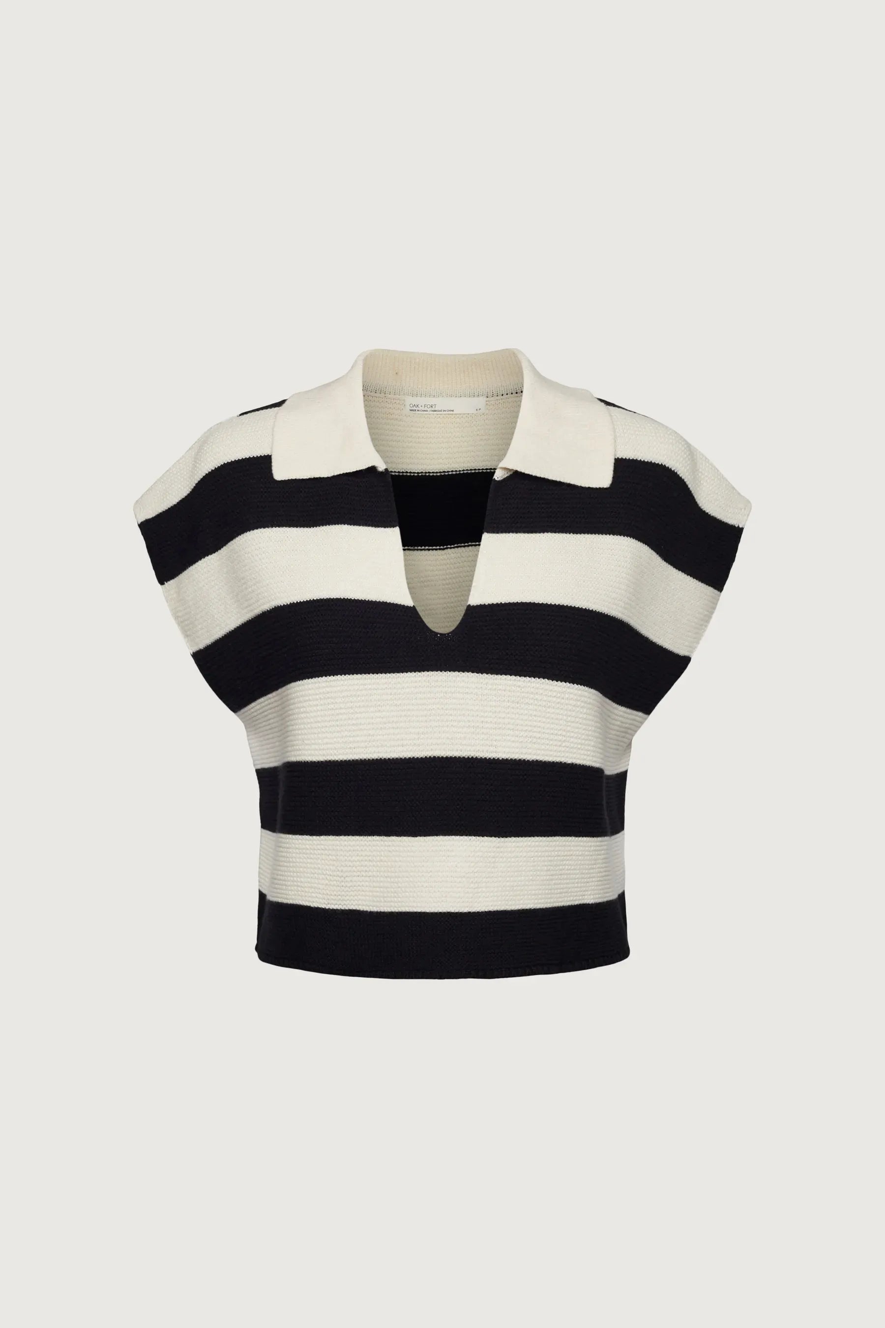Cropped Striped Collared Sweater - Cream Black