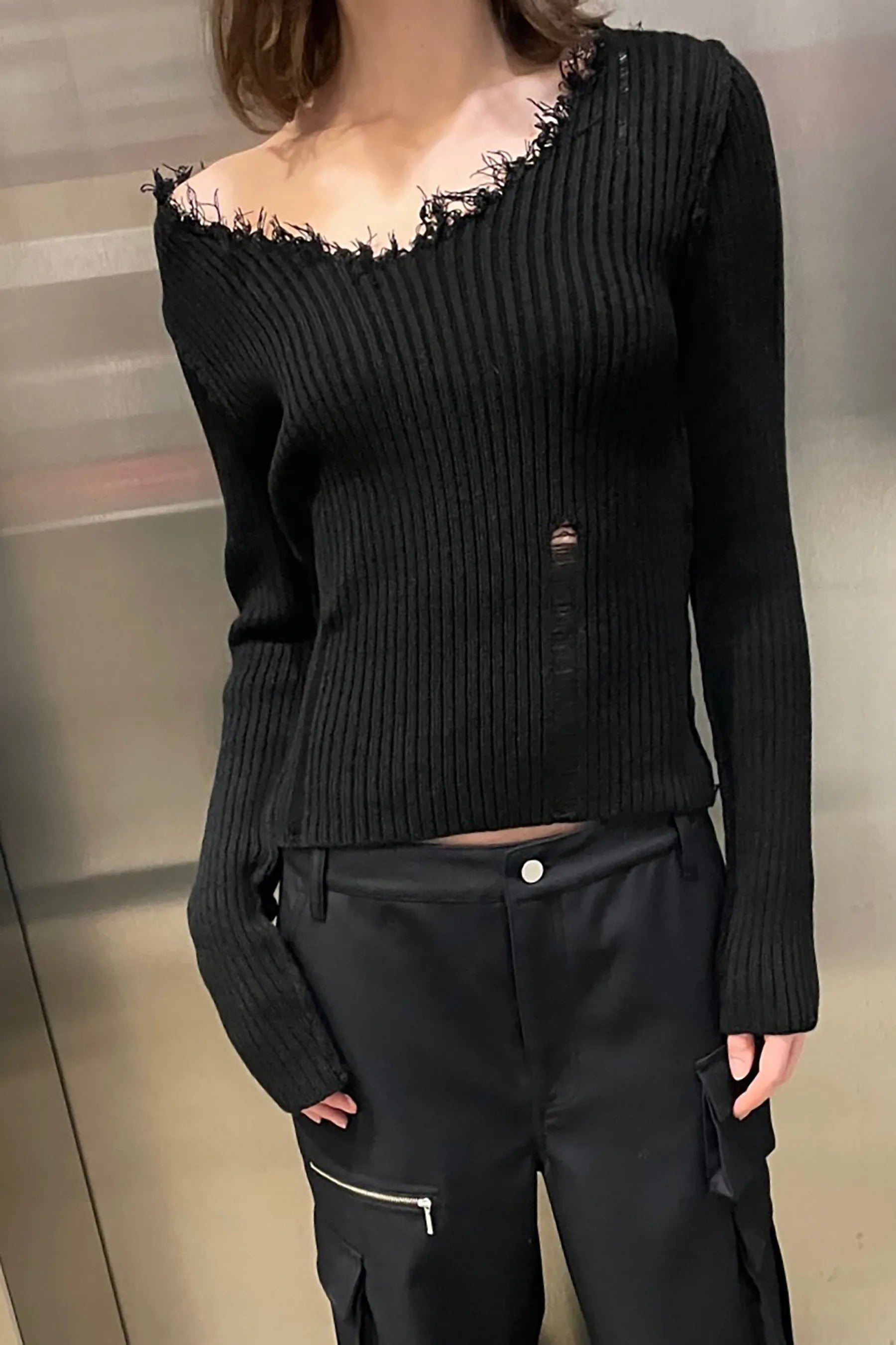 Distressed V- neck Sweater