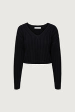 Cropped Rib-Knit V-Neck Sweater