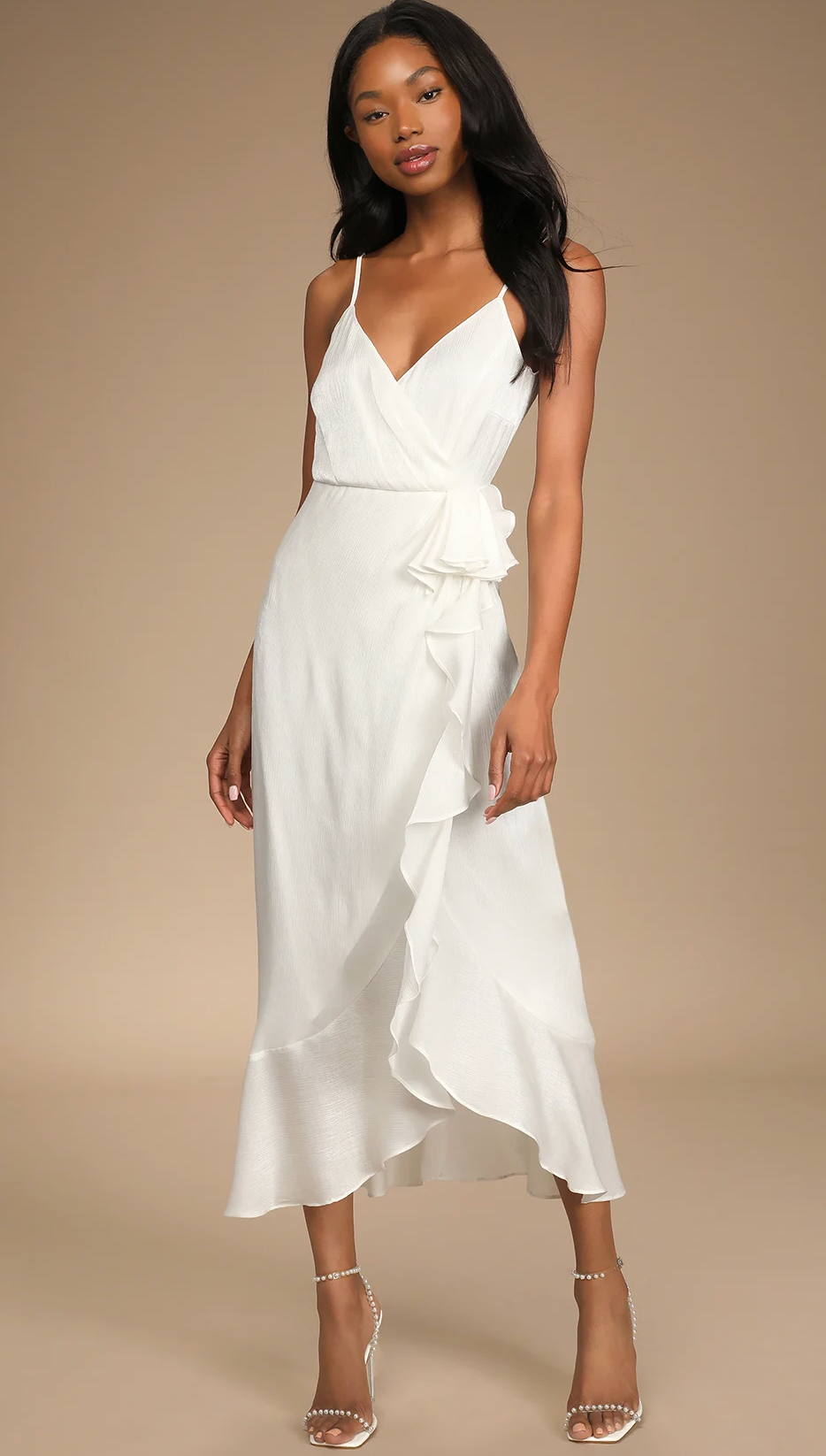 White Satin Ruffled Midi Dress – Elephant Clouds Apparel White Satin Ruffled Midi Dress – Elephant Clouds Apparel