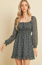 Dot and Floral Shirred Mini Dress